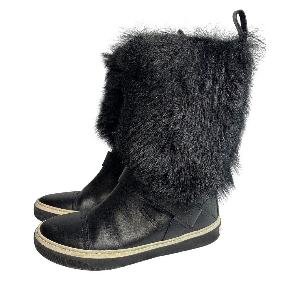 Jimmy Choo Black Leather Faux Fur Trim Mid Calf Boots‎ Size 35 Made in Italy